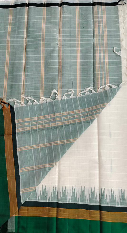 Kanchi Cotton Saree With Silk Border - White with Green Border
