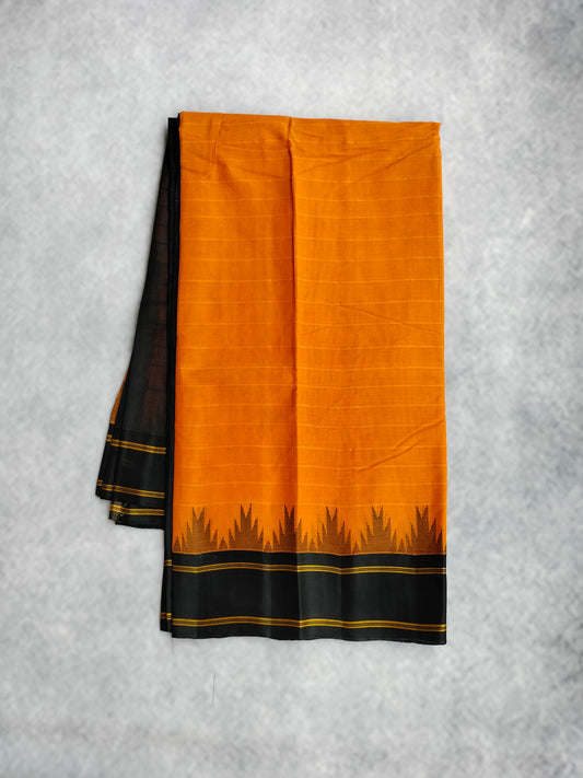 Kanchi Cotton Saree With Silk Border - Mustard Yellow with Black Border