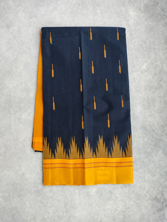 Kanchi Cotton Saree With Silk Border - Dark Blue with Yellow Border with Butis