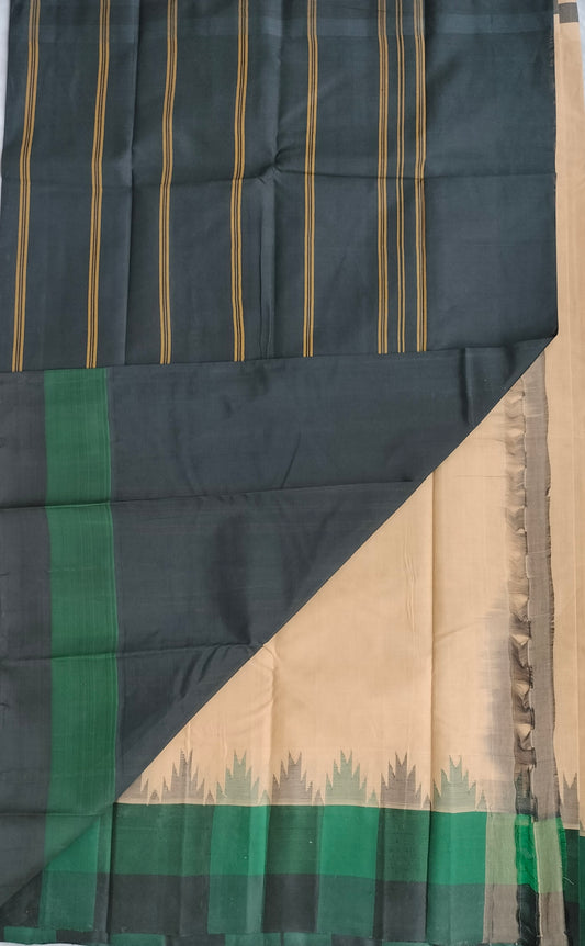 Kanchi Cotton Saree With Silk Border - Beige with Checkered Border