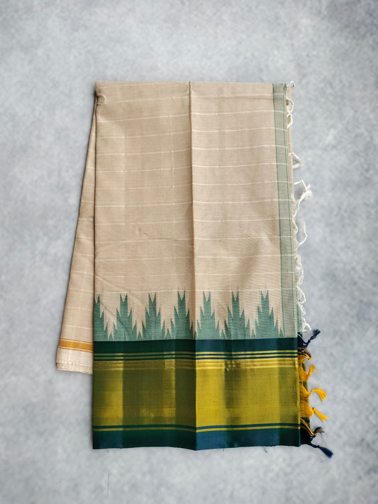 Kanchi Cotton Saree With Silk Border - Beige with Green Temple Border