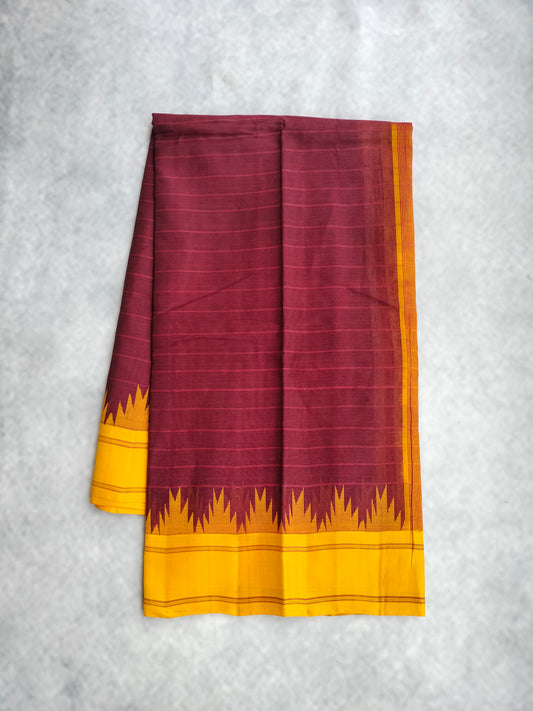 Kanchi Cotton Saree With Silk Border - Maroon with Yellow Border