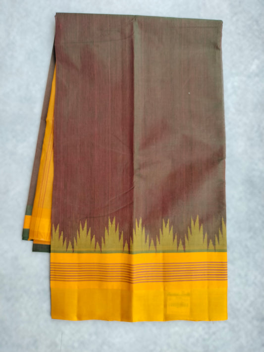 Kanchi Cotton Saree With Silk Border - Green with Yellow Border