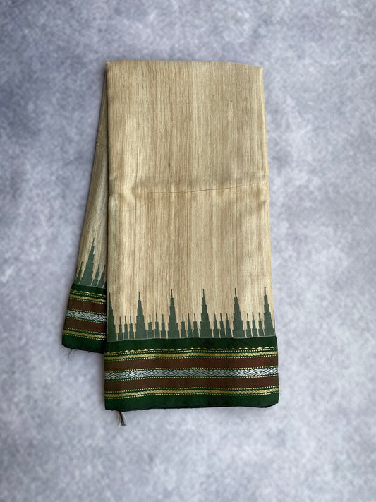 Vidarbha Tussar Silk - Beige with Green Border (Small)