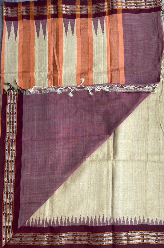 Vidarbha Tussar Silk - Beige with Wine Border