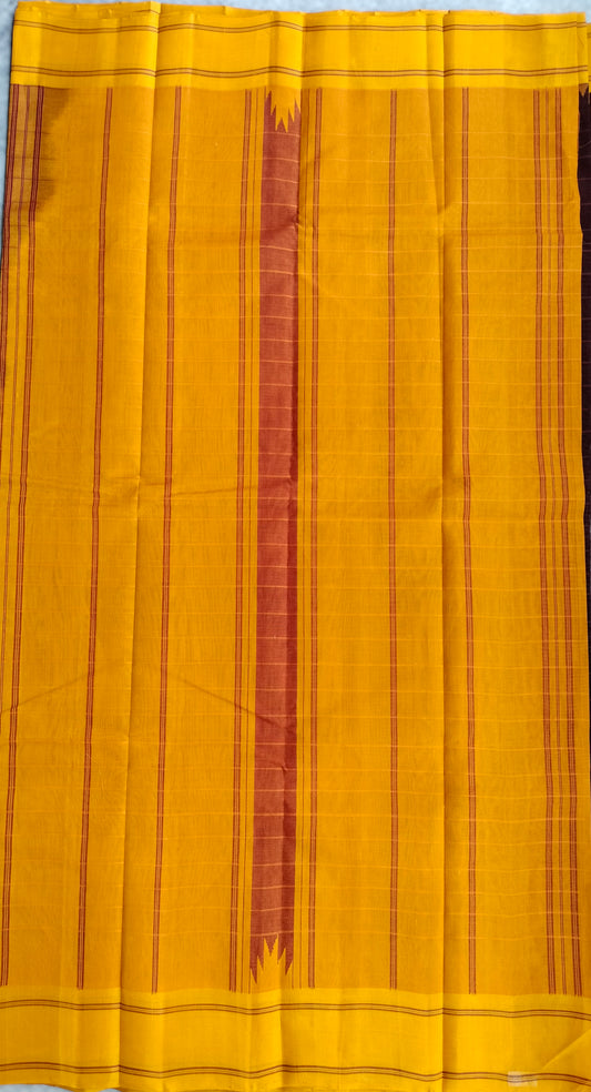 Kanchi Cotton Saree With Silk Border - Maroon with Yellow Border