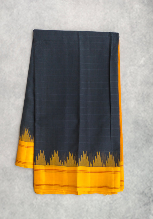 Kanchi Cotton Saree With Silk Border - Dark Blue with Yellow Border