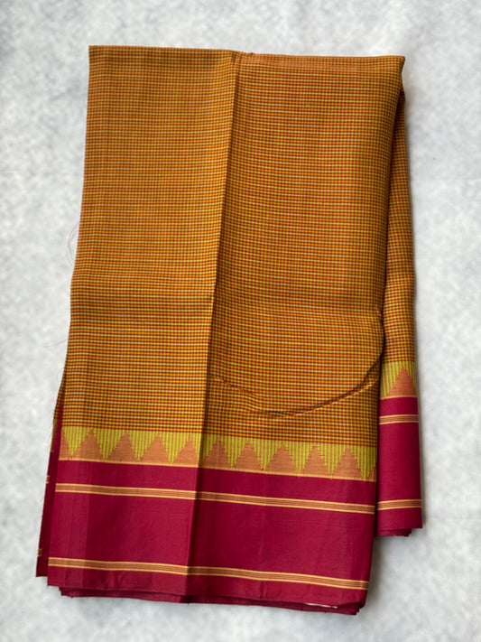 Kanchi Cotton Saree with Silk Border - (Green and maroon checks with maroon border)