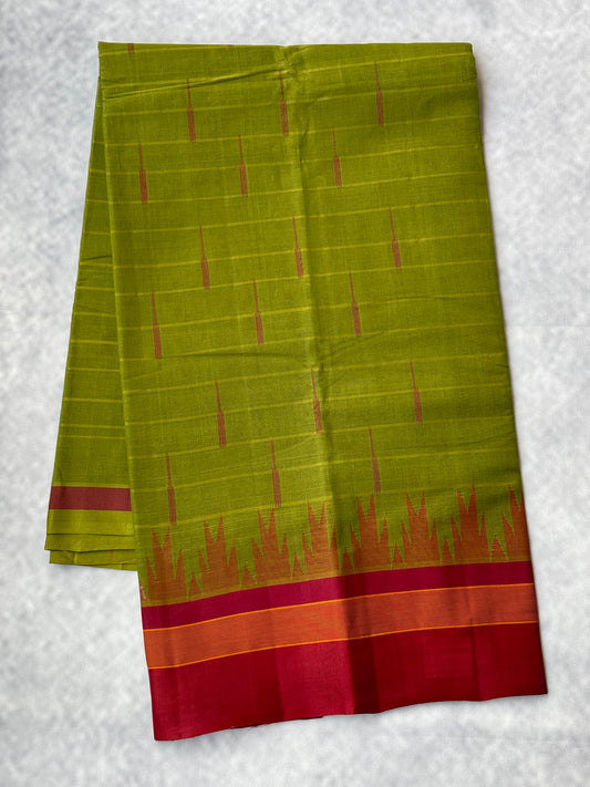 Kanchi Cotton Saree with Silk Border - (Green with maroon border)