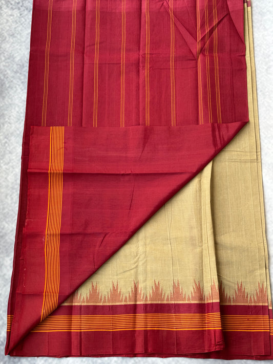 Kanchi Cotton Saree with Silk Border - (Beige with maroon border)
