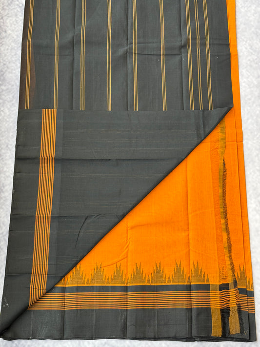 Kanchi Cotton Saree with Silk Border - (Mustard yellow with black border)