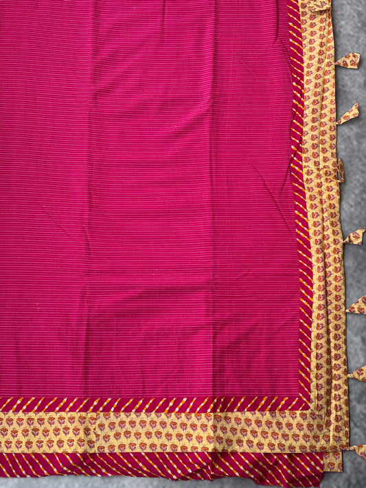 Cotton Saree with Attached Border - (Pink)