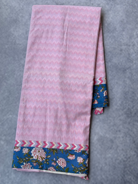 Cotton Saree with Attached Border - (Light Pink with Blue)
