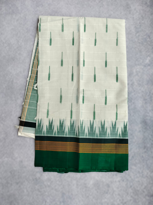 Kanchi Cotton Saree With Silk Border - White with Green Border