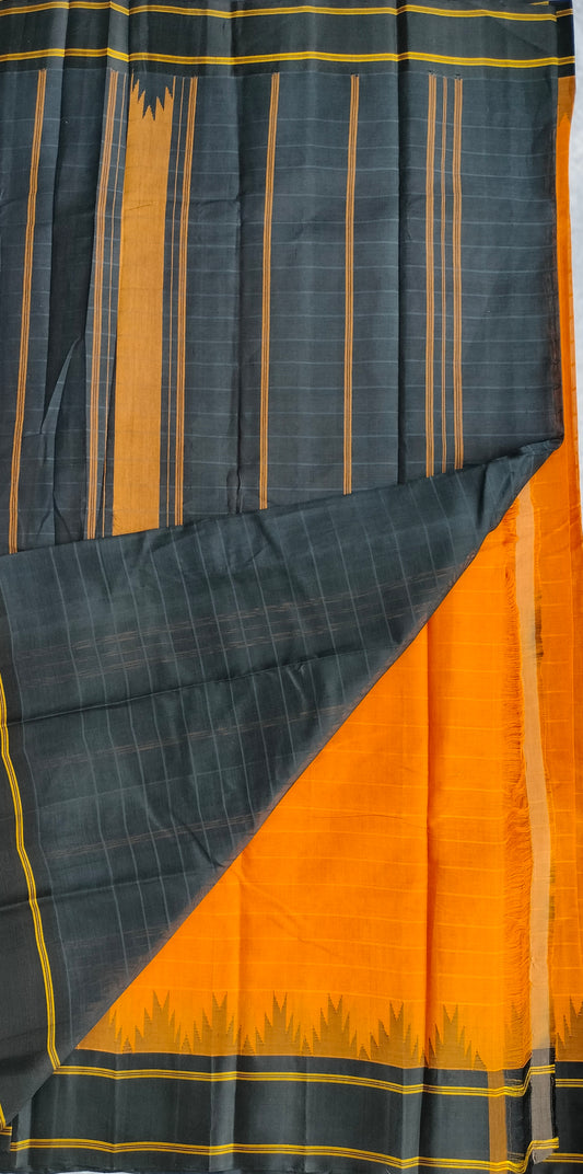 Kanchi Cotton Saree With Silk Border - Mustard Yellow with Black Border