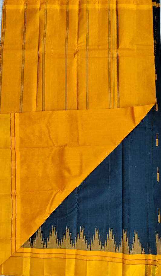 Kanchi Cotton Saree With Silk Border - Dark Blue with Yellow Border with Butis