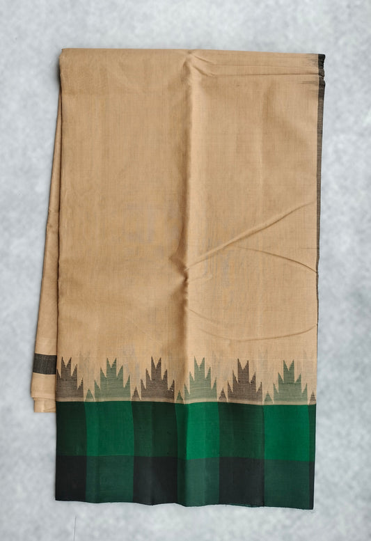 Kanchi Cotton Saree With Silk Border - Beige with Checkered Border