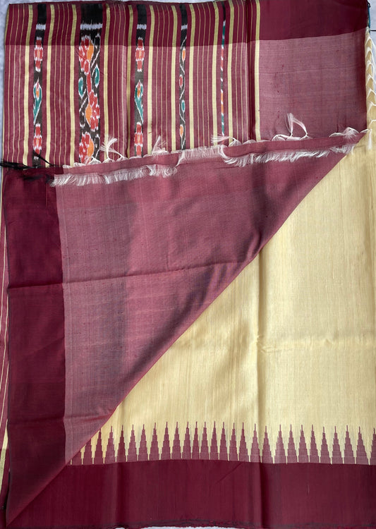 Vidarbha Tussar Silk - Beige with Blue and Maroon Border