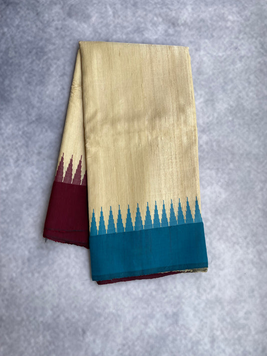 Vidarbha Tussar Silk - Beige with Blue and Maroon Border