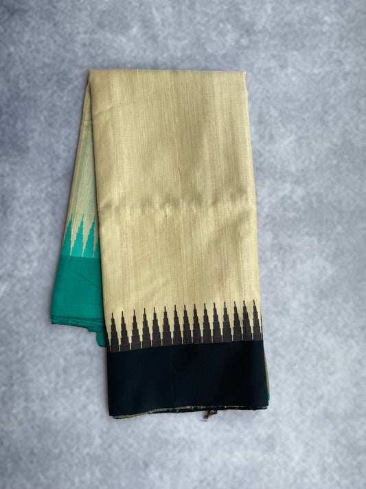 Vidarbha Tussar Silk - Beige with Teal and Black Border