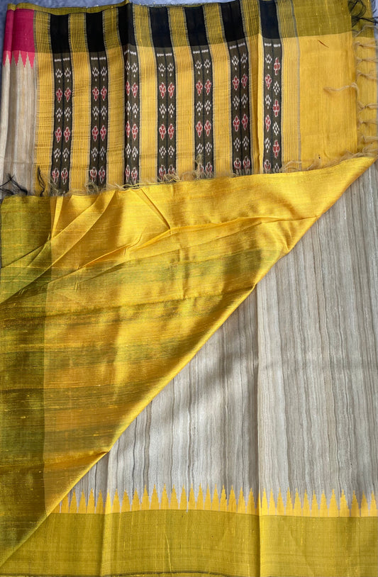 Vidarbha Tussar Silk - Beige with Peach and Yellow Border
