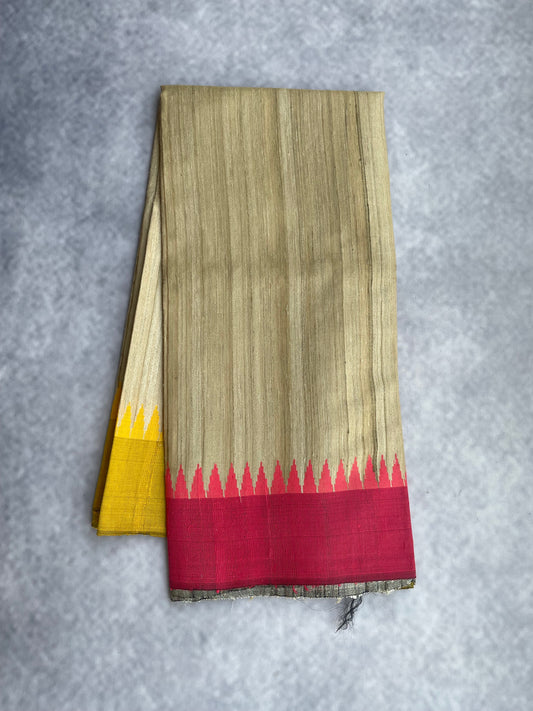 Vidarbha Tussar Silk - Beige with Peach and Yellow Border