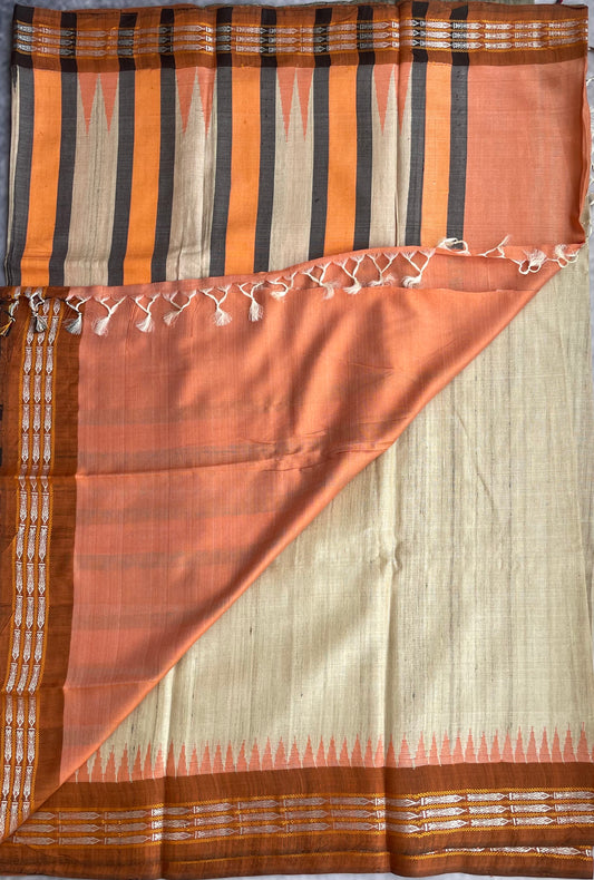 Vidarbha Tussar Silk - Beige with Orange and Chocolate Border