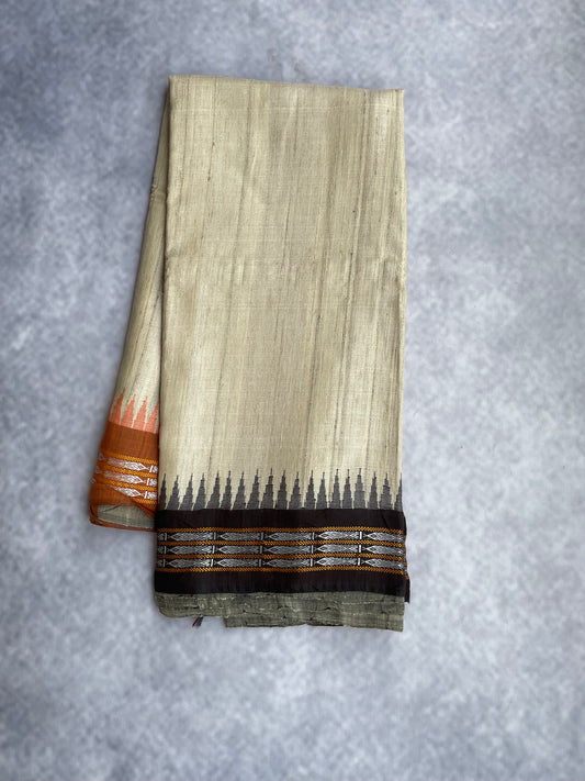 Vidarbha Tussar Silk - Beige with Orange and Chocolate Border