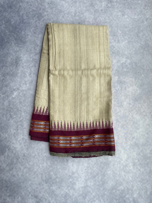 Vidarbha Tussar Silk - Beige with Wine Border