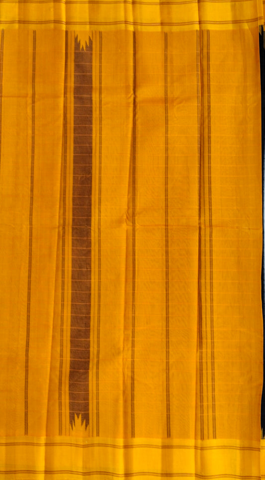 Kanchi Cotton Saree With Silk Border - Dark Blue with Yellow Border