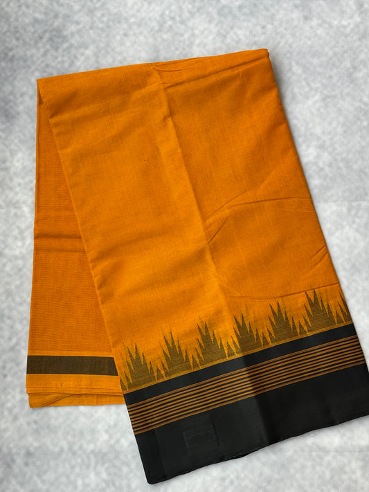 Kanchi Cotton Saree with Silk Border - (Mustard yellow with black border)