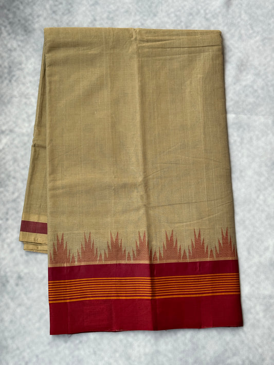 Kanchi Cotton Saree with Silk Border - (Beige with maroon border)