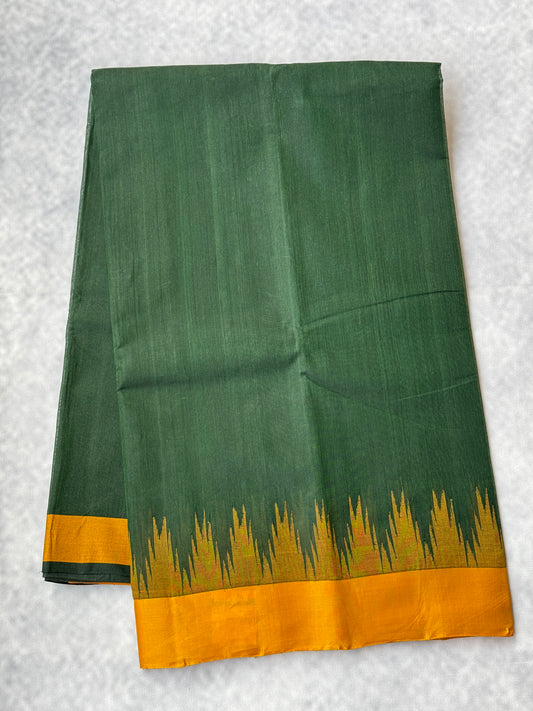 Kanchi Cotton Saree with Silk Border - (Dark green with yellow border)