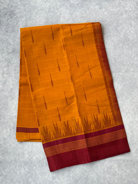 Kanchi Cotton Saree with Silk Border - (Orange with maroon border)