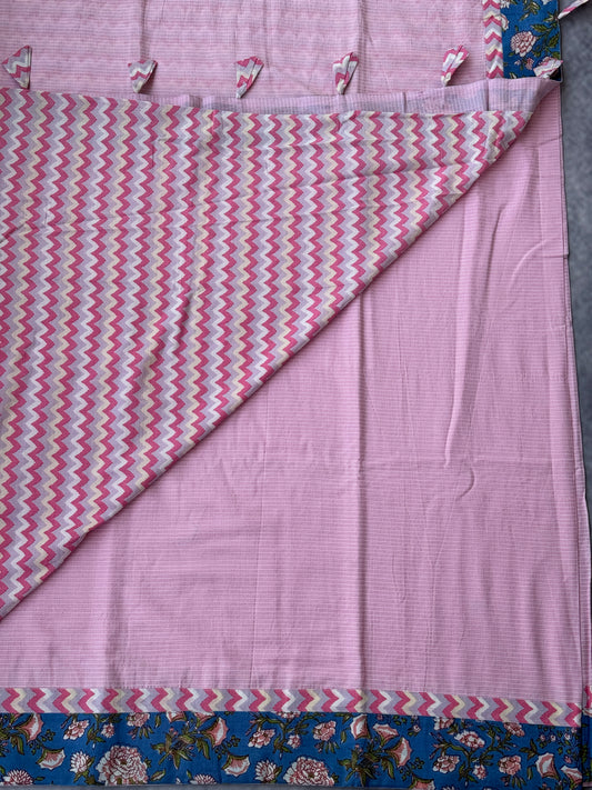 Cotton Saree with Attached Border - (Light Pink with Blue)