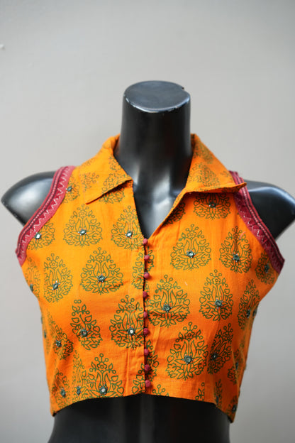 Sleeveless Printed Cotton Blouse with Mirrors